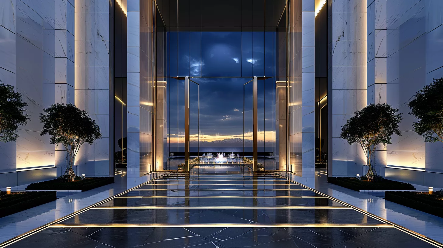 التصميم الخارجي لفندق خمس نجوم بواجهة زجاجية عاكسة وأعمدة رخامية وإضاءة طبيعية مذهلة في ساعة الغروب